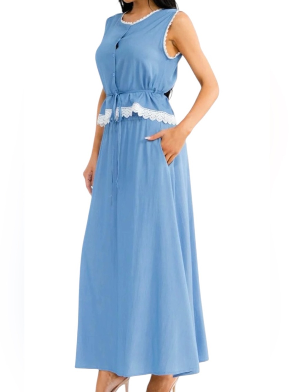 Lace Trim Maxi Skirt SET in Chambray Light Denim